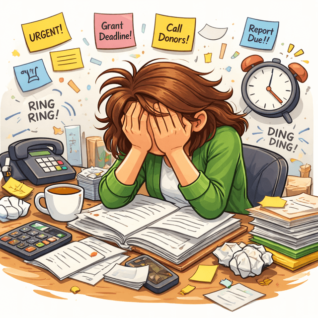 Stressed person burying face in hands at desk with papers